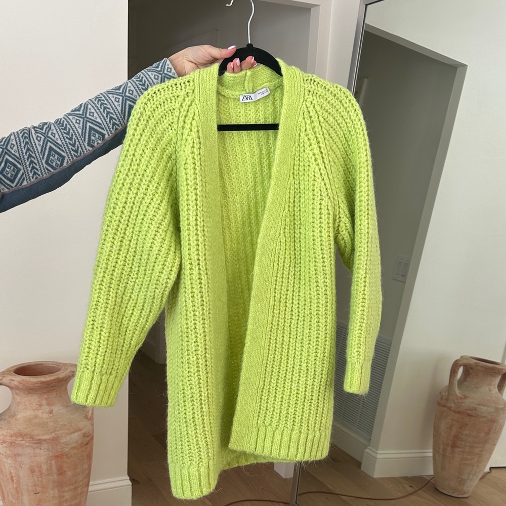 Zara Neon Lime Green Chunky Knit Cardigan Sz M